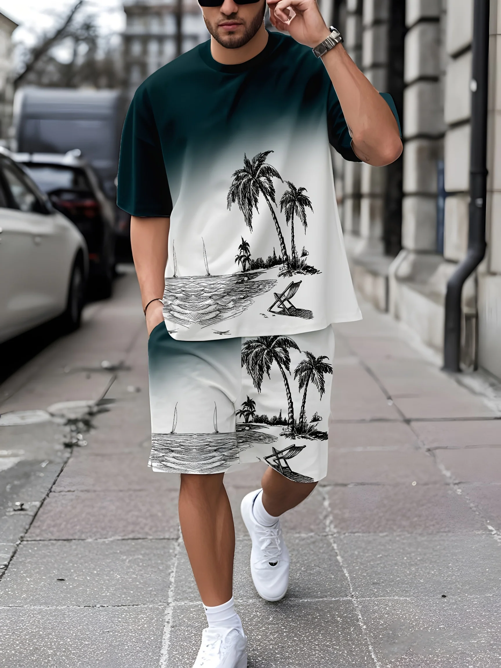 2025 Summer Vacation Beach T-shirt Shorts Set Casual Loose Men's Drawstring Waist Shorts Coconut Tree Print Short Sleeve Top Set
2025 Summer Vacation Beach T-shirt Shorts Set Casual Loose Men's Drawstring Waist Shorts Coconut Tree Print Short Sleeve Top Set