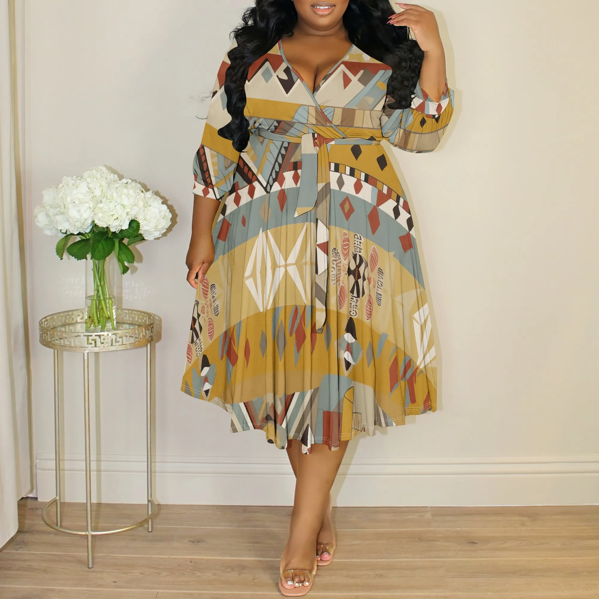 Ethnic Geometric Print Wrap Dress Plus Size XL-6XL V-Neck Boho Midi Dress for Fall Festival or Casual Chic Style
Ethnic Geometric Print Wrap Dress Plus Size XL-6XL V-Neck Boho Midi Dress for Fall Festival or Casual Chic Style