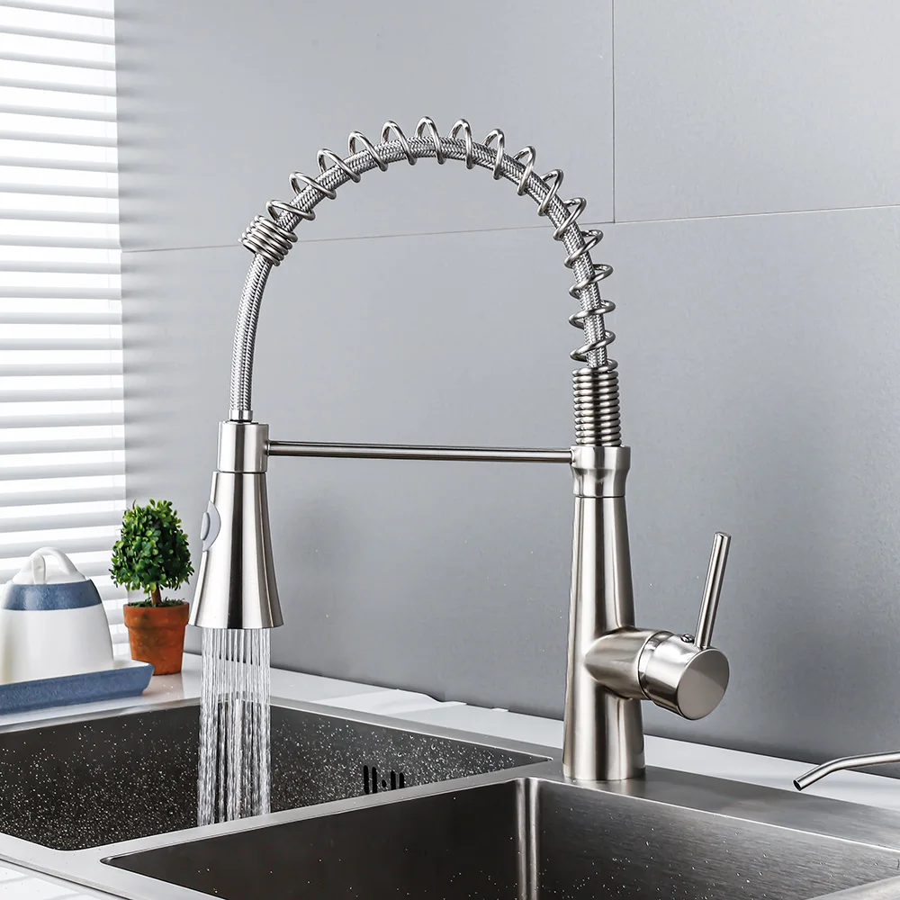 Brushed Nickel Brass Single Hole Deck Mounted Kitchen Mixer Tap Pull Down Spring Spout Kitchen Sink Faucet AT9268BN
Brushed Nickel Brass Single Hole Deck Mounted Kitchen Mixer Tap Pull Down Spring Spout Kitchen Sink Faucet AT9268BN
