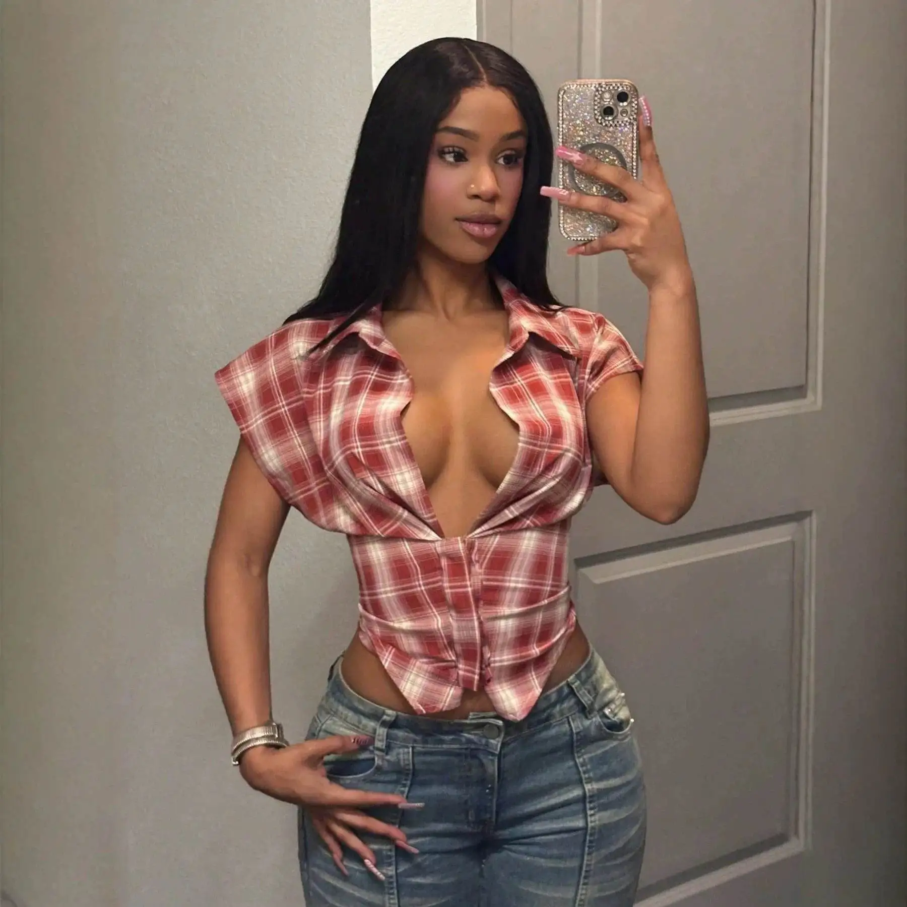 Style Small Checkered Narrow Sleeve Shirt with Collar Waist Cinching Belt Knot Button Open for Women Polyester Fabric
Style Small Checkered Narrow Sleeve Shirt with Collar Waist Cinching Belt Knot Button Open for Women Polyester Fabric