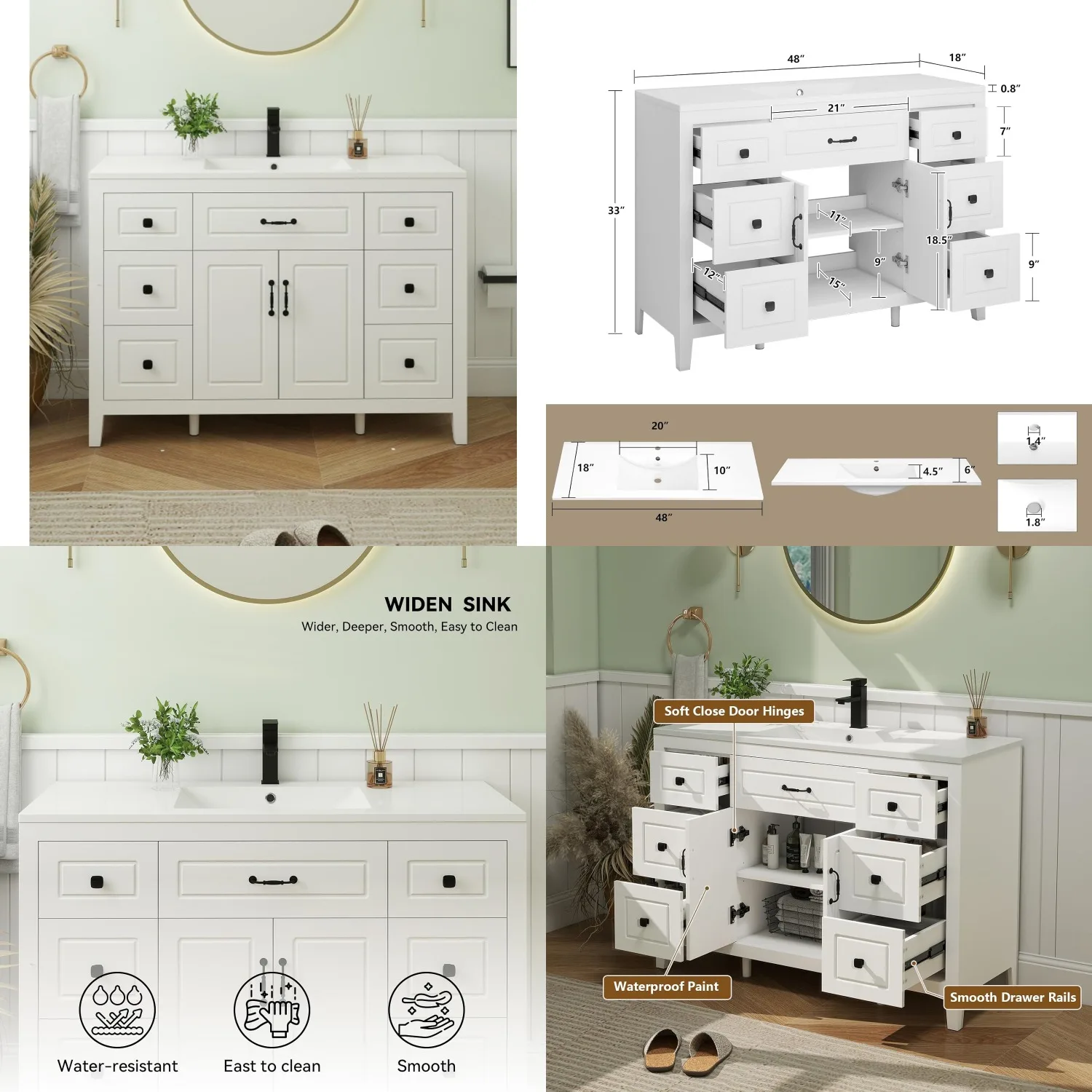 48in Painted Freestanding Bathroom Vanity Cabinet Sink Soft-Close Doors 6 Drawers Matte Black Faucet Modern Furniture Customized
48in Painted Freestanding Bathroom Vanity Cabinet Sink Soft-Close Doors 6 Drawers Matte Black Faucet Modern Furniture Customized