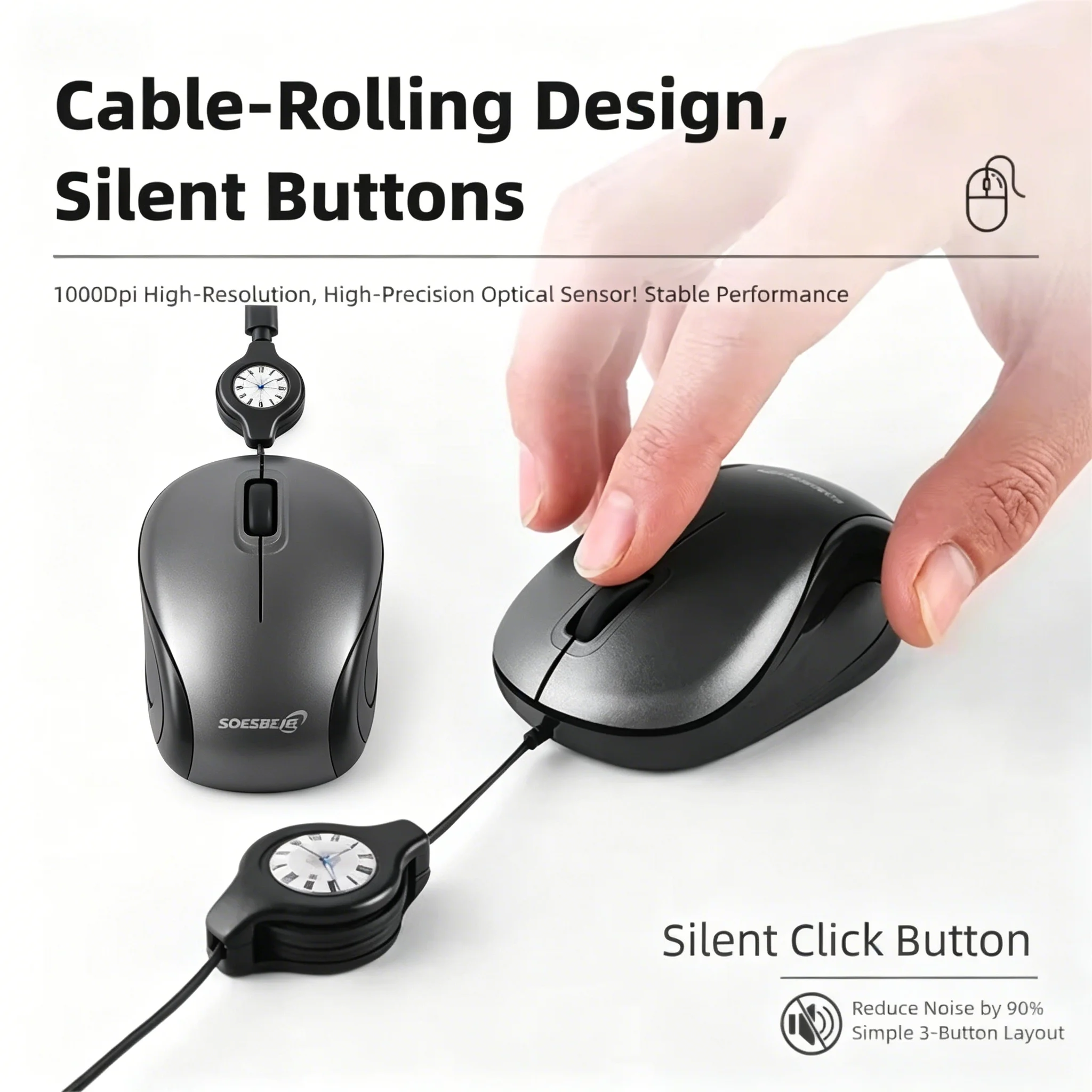Mini Portable Retractable Wired Mouse Silent Click Ergonomic Plug-and-Play Optical Universal Compatibility for Smartphone Tablet