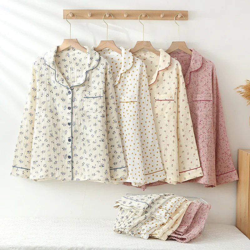 Crinkled Fabric Small Floral Printed Cotton Double-layer Gauze Loose and Comfortable Women Long-sleeved Long Pants Pijama Mujer
Crinkled Fabric Small Floral Printed Cotton Double-layer Gauze Loose and Comfortable Women Long-sleeved Long Pants Pijama Mujer