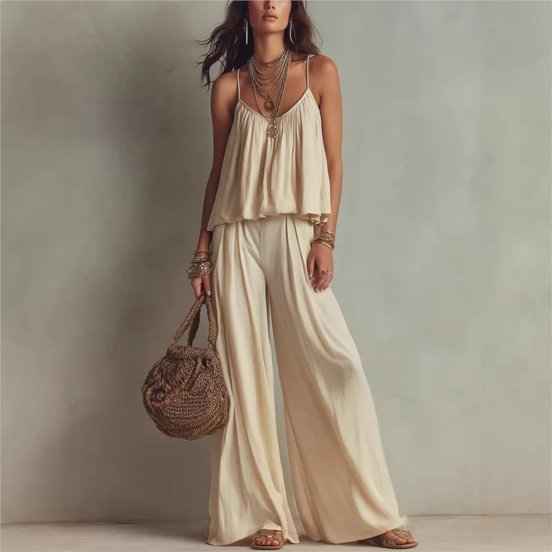 Summer Fashion Women's New Black 2 Piece Spaghetti Strap V Neck Camisole Top and High Waisted Wide Leg Pants Set
Summer Fashion Women's New Black 2 Piece Spaghetti Strap V Neck Camisole Top and High Waisted Wide Leg Pants Set