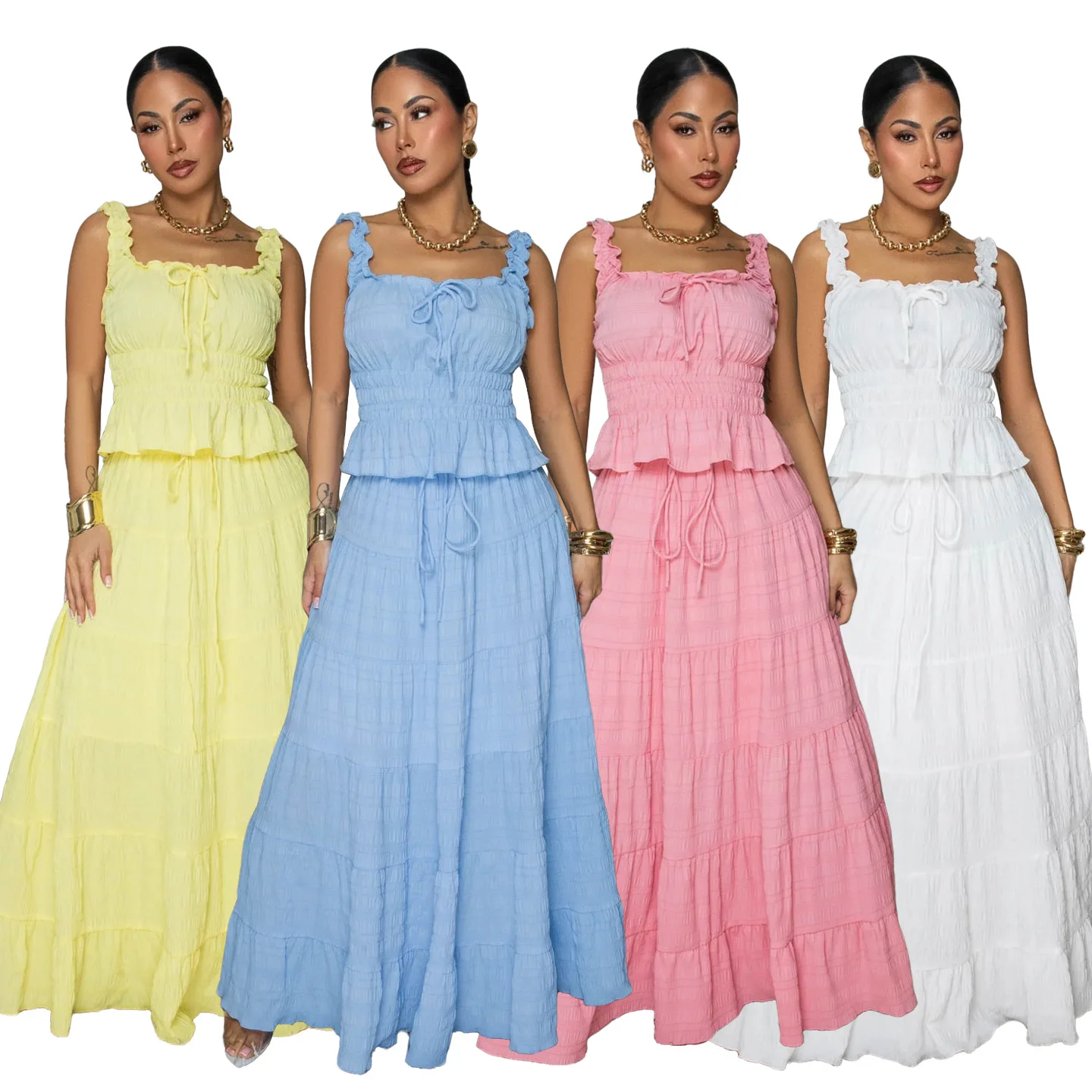 EINY Women Two Pieces Casual Outfits Clothes Vacation Ruched Ruffles Strap Cami Tops & A-line Long Skirt Matching Suit Sets y2k
EINY Women Two Pieces Casual Outfits Clothes Vacation Ruched Ruffles Strap Cami Tops & A-line Long Skirt Matching Suit Sets y2k