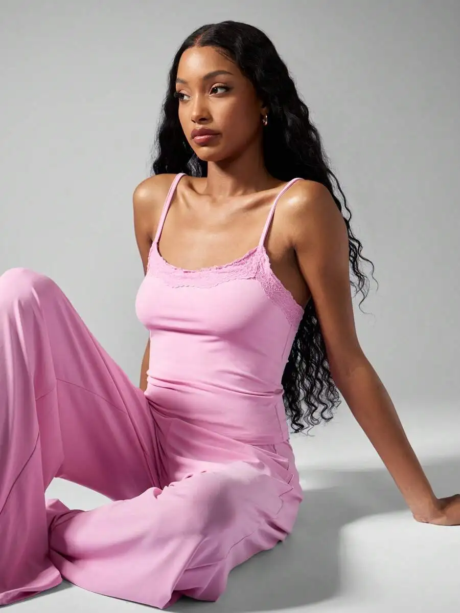 Pink Lace Trim Cami Top & Wide Leg Pants Pajama Set Silky Satin Sleepwear
Pink Lace Trim Cami Top & Wide Leg Pants Pajama Set Silky Satin Sleepwear