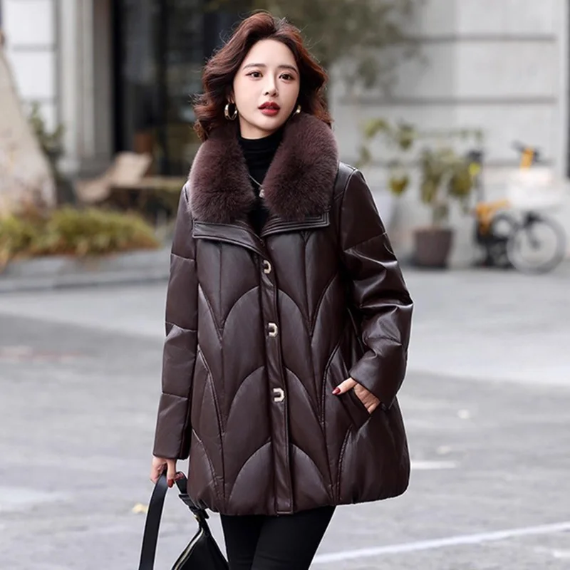 New Women Split Leather Down Jacket Winter Fashion Fox Fur Collar Wide-waisted Warm Leather Down Coat Casual Loose Down Coat
New Women Split Leather Down Jacket Winter Fashion Fox Fur Collar Wide-waisted Warm Leather Down Coat Casual Loose Down Coat