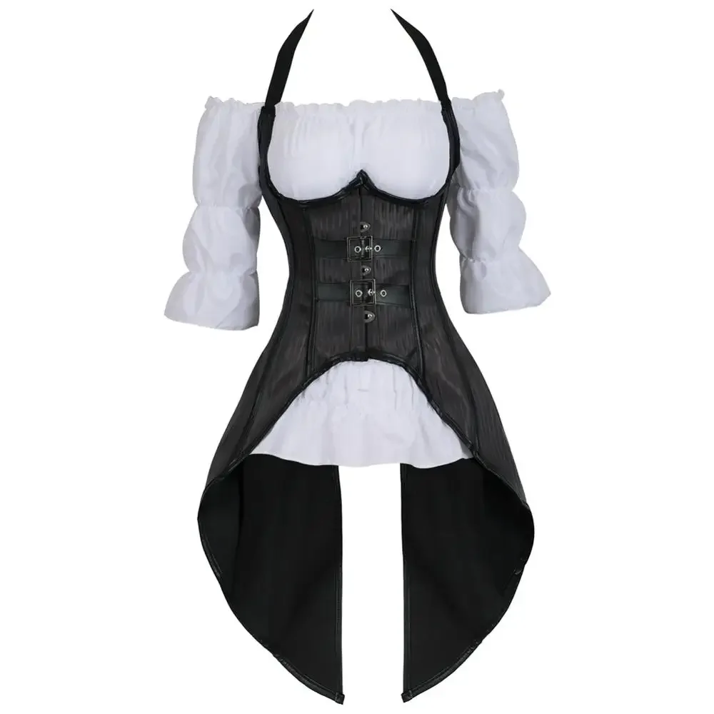 Renaissance Corset 2 Piece Outfits Steampunk Halter Striped Bustiers Underbust White Blouse Set Carnival Dance Party Costumes
Renaissance Corset 2 Piece Outfits Steampunk Halter Striped Bustiers Underbust White Blouse Set Carnival Dance Party Costumes