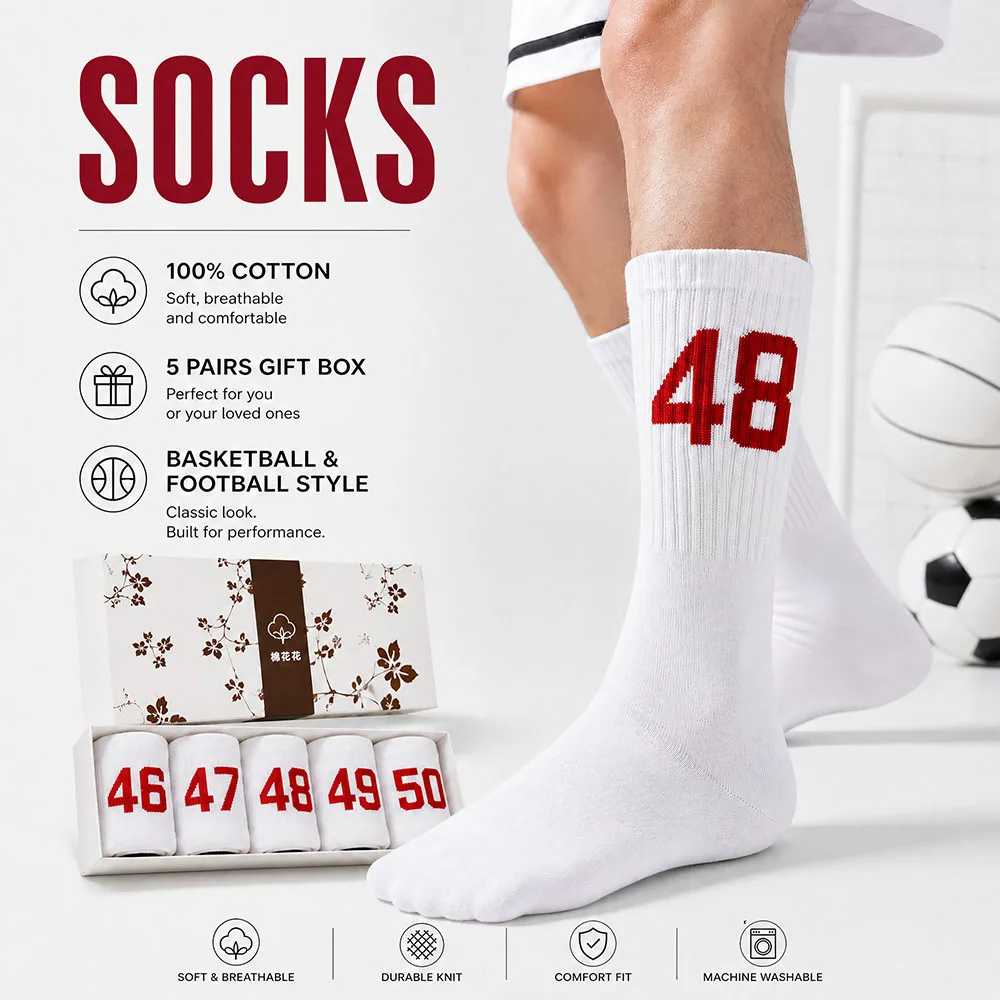 5 Pairs Unisex Number Print Cotton Crew Socks 46-50 Basketball Football Style Breathable Soft Cushioned Sports Socks Gift Box
5 Pairs Unisex Number Print Cotton Crew Socks 46-50 Basketball Football Style Breathable Soft Cushioned Sports Socks Gift Box