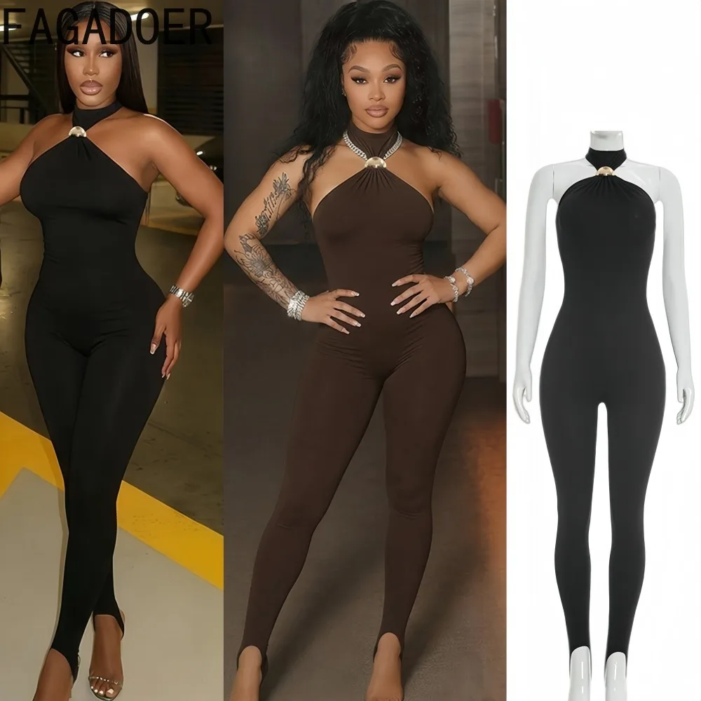 FAGADOER Spring New Sexy Solid Color Bodycon Jumpsuits for Women Halter Sleeveless Backless Romper Female Streetwear Overalls
FAGADOER Spring New Sexy Solid Color Bodycon Jumpsuits for Women Halter Sleeveless Backless Romper Female Streetwear Overalls