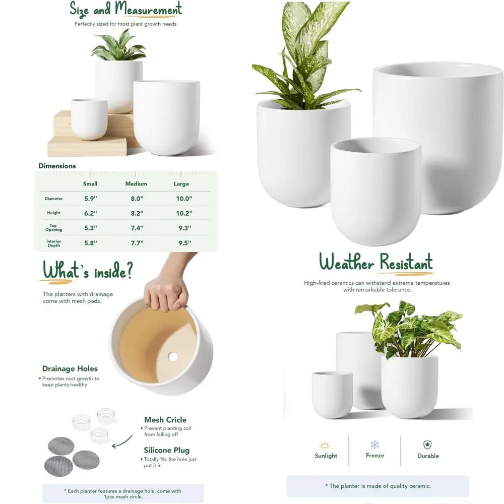 Set of 3 White Ceramic Plant Pots, 6, 8, and 10 Inches, Indoor Outdoor with Drainage and Plug
Set of 3 White Ceramic Plant Pots, 6, 8, and 10 Inches, Indoor Outdoor with Drainage and Plug
