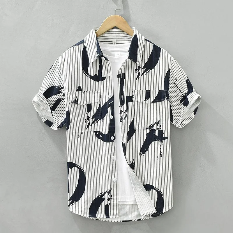 Summer New Vertical Striped Short Sleeved Shirt Men's Trendy Printed Japanese Versatile Artistic Casual All Match Top
Summer New Vertical Striped Short Sleeved Shirt Men's Trendy Printed Japanese Versatile Artistic Casual All Match Top