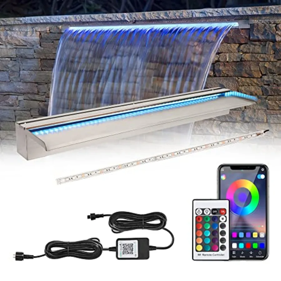 Outdoor patio waterfall spillway kit with 36'' stainless steel construction, RGB LED lights offering 16 color-changing options,
Outdoor patio waterfall spillway kit with 36'' stainless steel construction, RGB LED lights offering 16 color-changing options,
