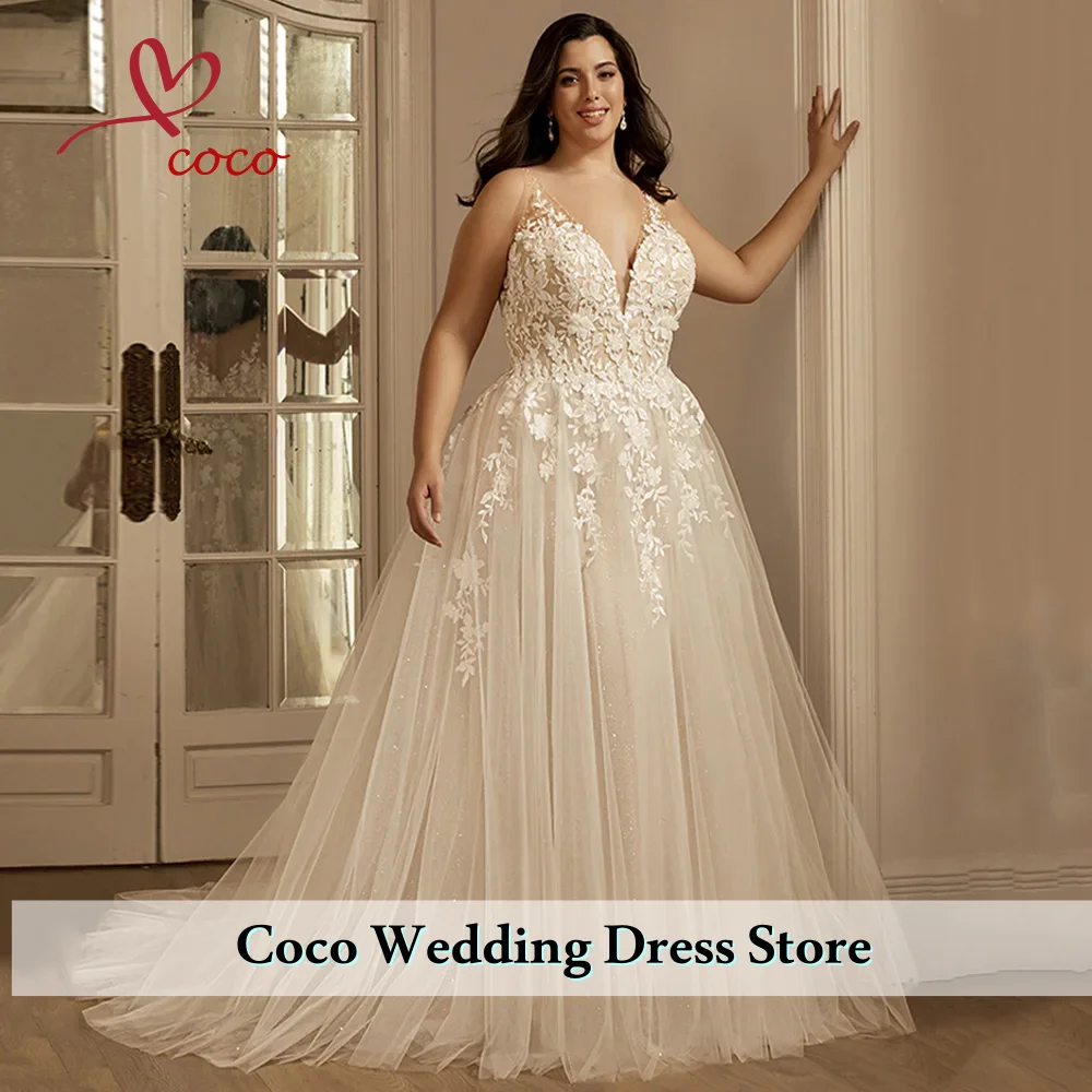 Customized Elegant Plus Size V Neck Sleeveless Applique Glitter Tulle Sweep Train Bridal Gown for Bride Vestidos De Novia
Customized Elegant Plus Size V Neck Sleeveless Applique Glitter Tulle Sweep Train Bridal Gown for Bride Vestidos De Novia