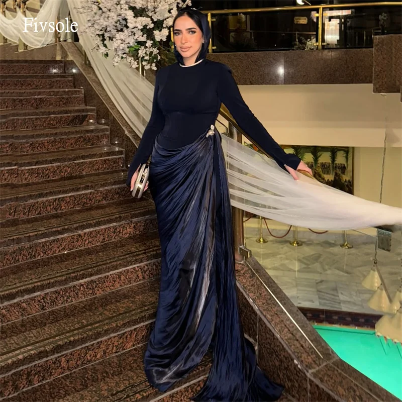 Fivsole Muslim Navy Blue Mermaid Prom Gowns Long Sleeves High Neck Pleated Party Gown Floor Length Evening Dress Customized
Fivsole Muslim Navy Blue Mermaid Prom Gowns Long Sleeves High Neck Pleated Party Gown Floor Length Evening Dress Customized