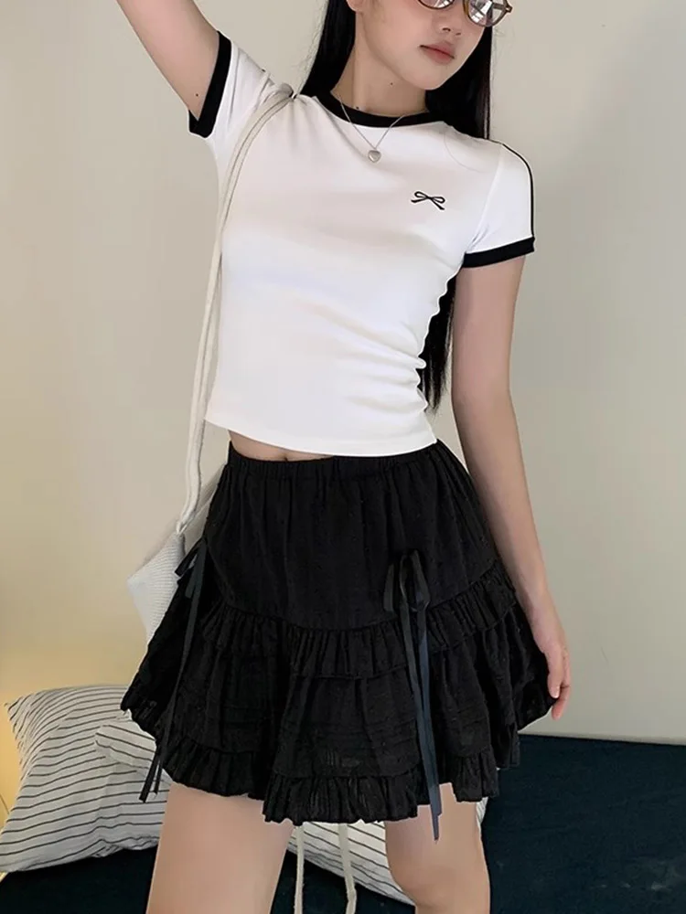 American retro shoulder round neck short sleeved T-shirt for summer 2025, simple and casual versatile bow print top
American retro shoulder round neck short sleeved T-shirt for summer 2025, simple and casual versatile bow print top