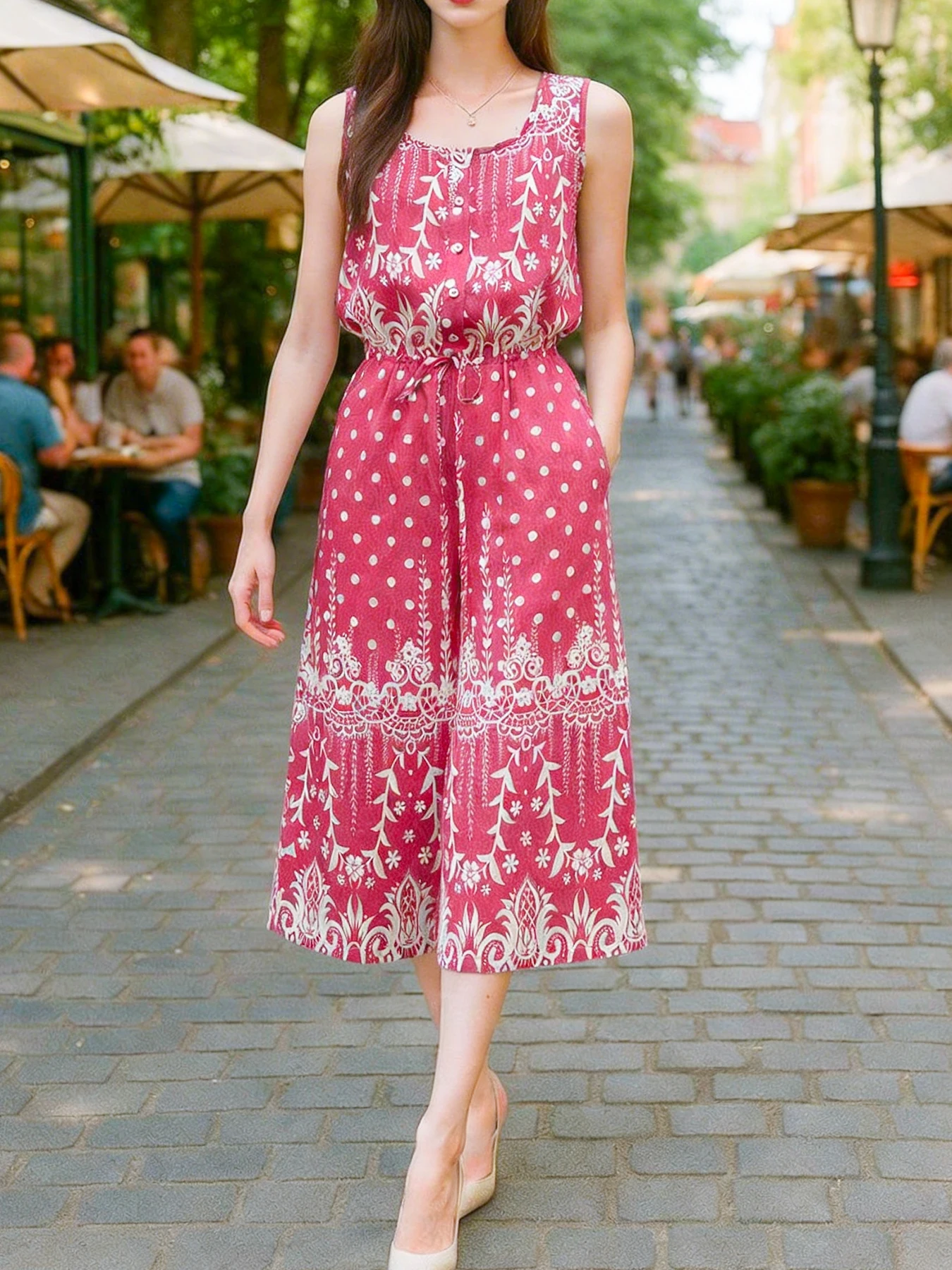 Women's Fuchsia White Polka Dot Floral Print Sleeveless Jumpsuit Waist-Tie Wide-Leg Resort
Women's Fuchsia White Polka Dot Floral Print Sleeveless Jumpsuit Waist-Tie Wide-Leg Resort