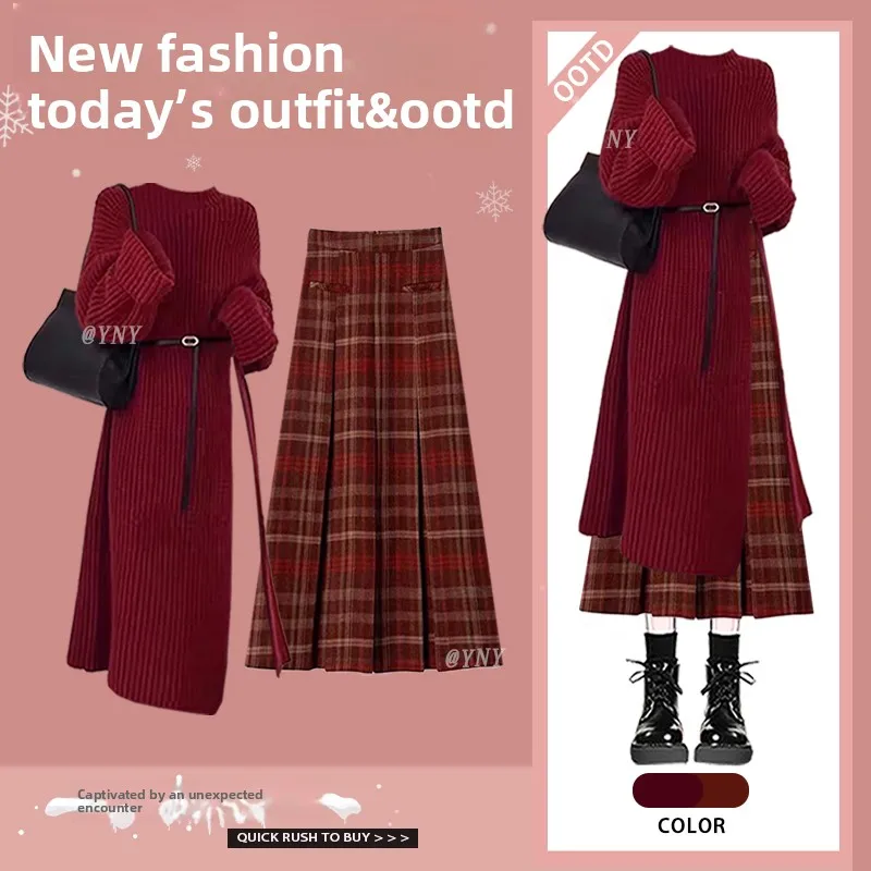 Autumn Winter New Year Women's Outfit Set Lazy Sle Sweater Coat Plaid Skirt Two-Piece Set Faionable Casual Ensemble
Autumn Winter New Year Women's Outfit Set Lazy Sle Sweater Coat Plaid Skirt Two-Piece Set Faionable Casual Ensemble