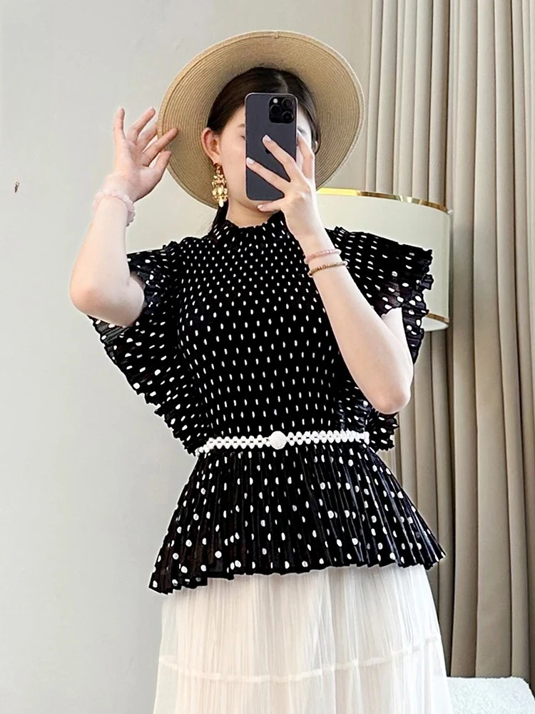 Fashion Black Elastic Slim Dot Printed Pleated Women's T-Shirt Miyake 2025 Summer New Short Sleeve Standing Collar Pullover Top
Fashion Black Elastic Slim Dot Printed Pleated Women's T-Shirt Miyake 2025 Summer New Short Sleeve Standing Collar Pullover Top