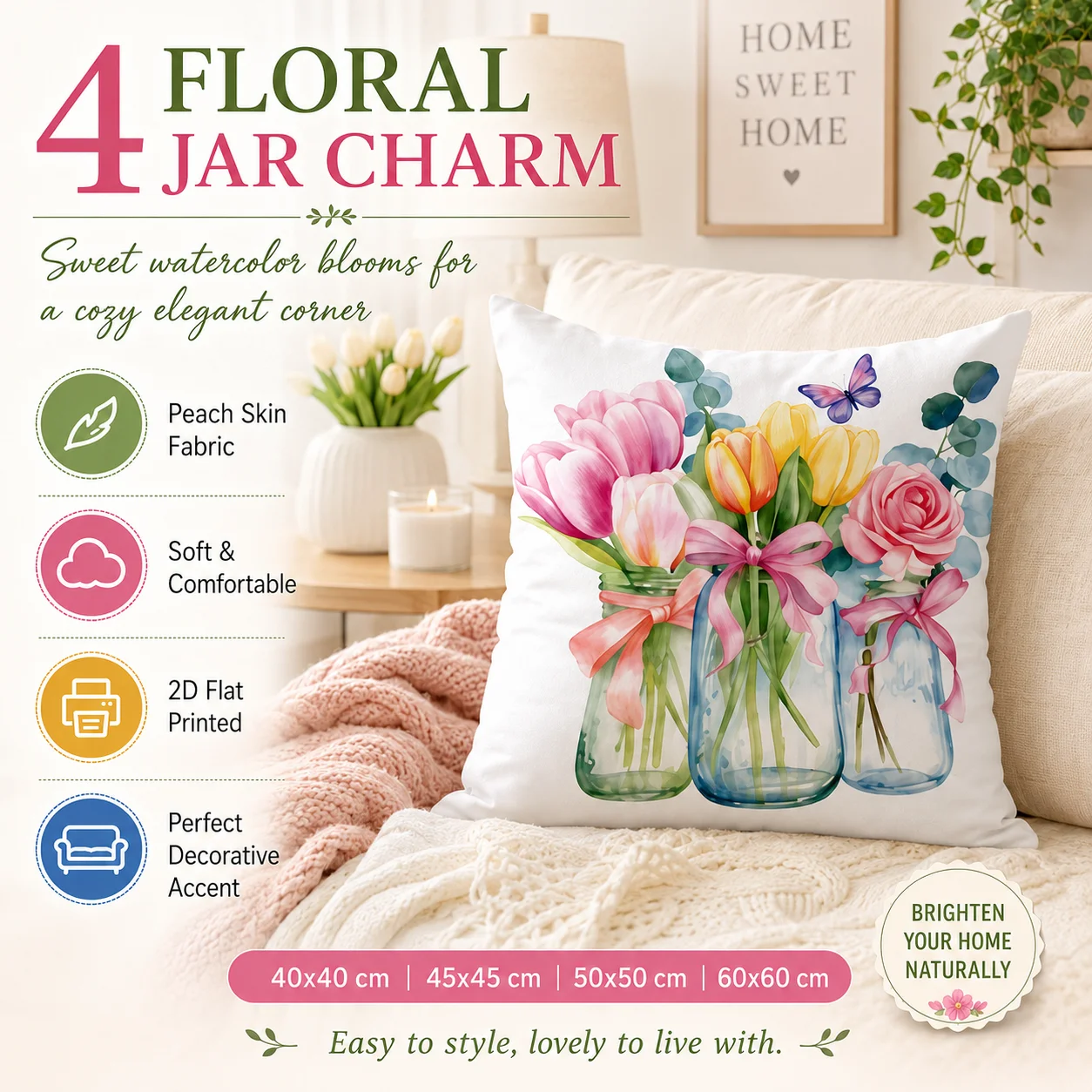 Spring Floral Tulip Butterfly Mason Jar Pillowcase 2D Flat Printed Peach Skin Cushion Cover for Sofa Living Room Home Decor
Spring Floral Tulip Butterfly Mason Jar Pillowcase 2D Flat Printed Peach Skin Cushion Cover for Sofa Living Room Home Decor