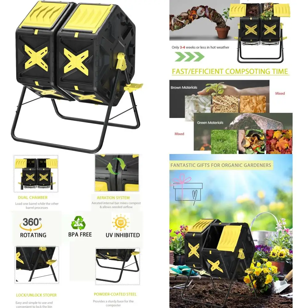 Outdoor Dual Chamber Compost Tumbler - 2 x 18.5 Gallon Capacity, Rotating Composter for Efficient Waste Management
Outdoor Dual Chamber Compost Tumbler - 2 x 18.5 Gallon Capacity, Rotating Composter for Efficient Waste Management