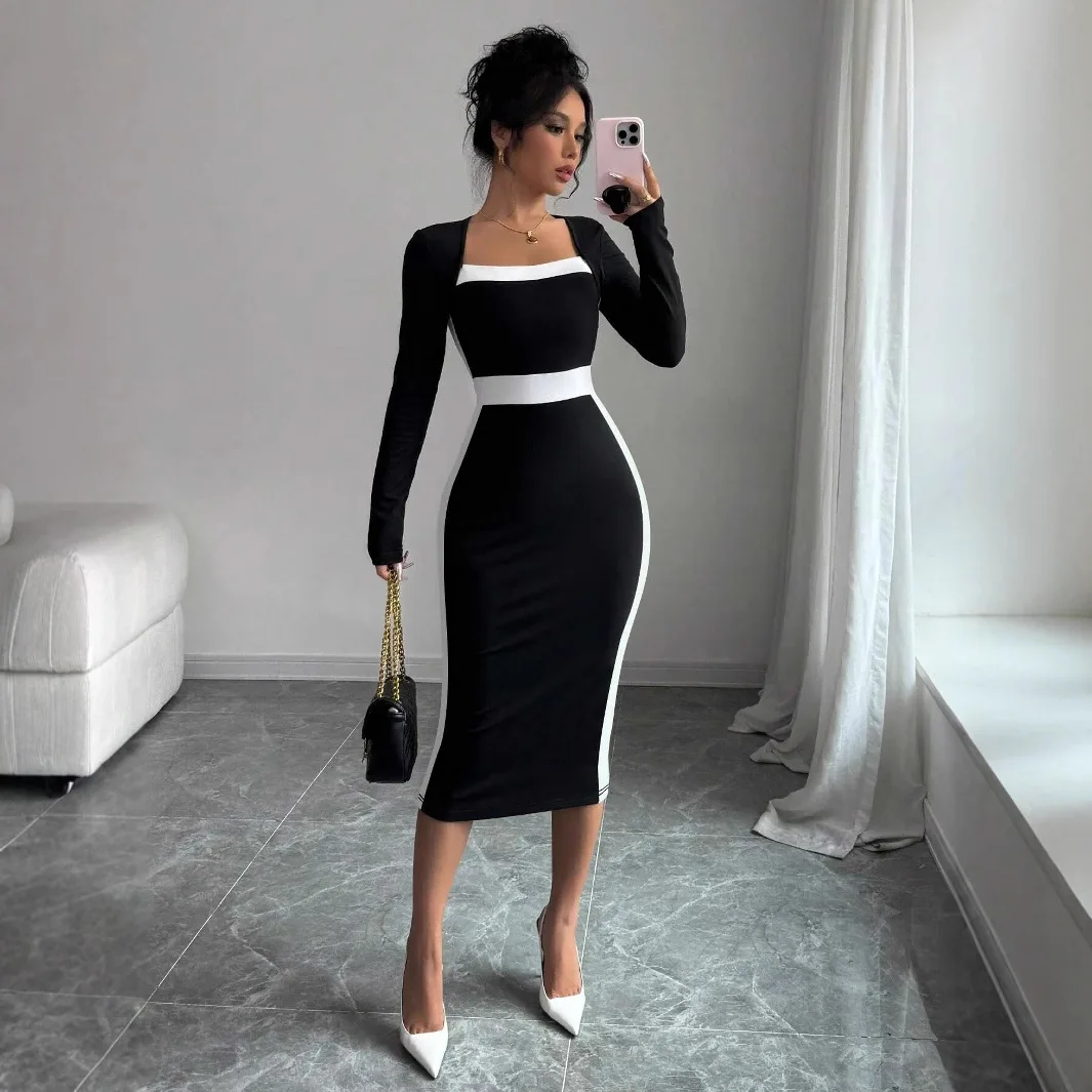 European and American Women's Fashionable and Elegant Slim Fit Square Neck Long Sleeved Dress with Temperament
European and American Women's Fashionable and Elegant Slim Fit Square Neck Long Sleeved Dress with Temperament