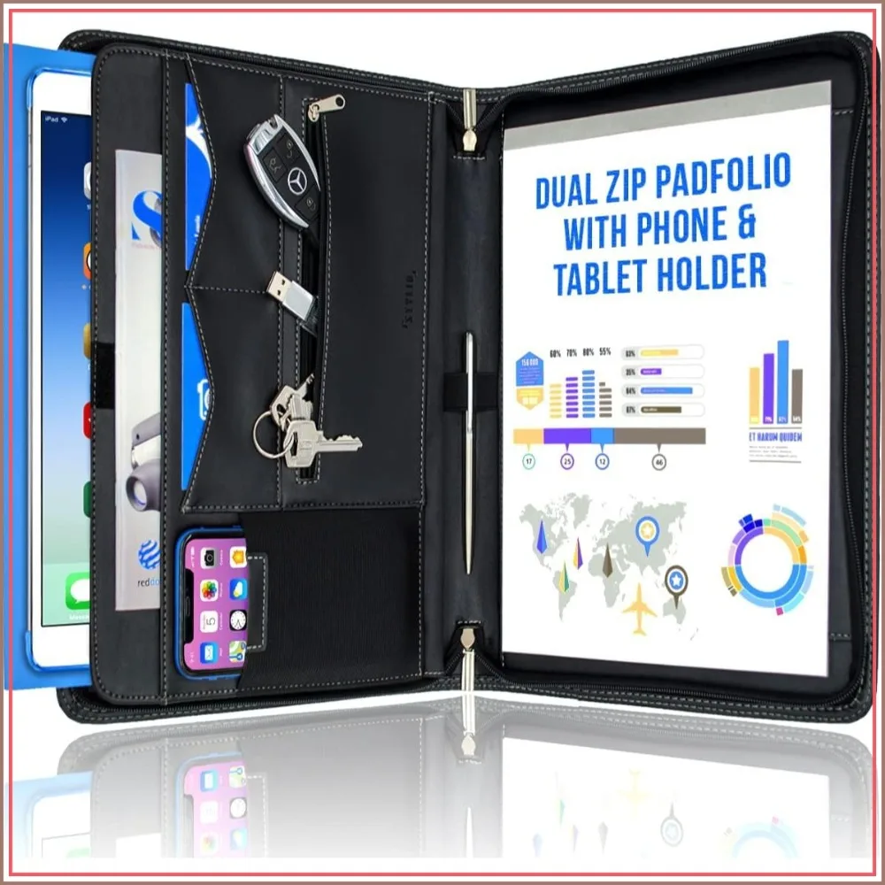 Faux Leather Zipper Portfolio Binder Organizer for Resume, Documents, Phone, Tablet, Business Supplies, Cards, Notebook with Letter Sized Notepad
Faux Leather Zipper Portfolio Binder Organizer for Resume, Documents, Phone, Tablet, Business Supplies, Cards, Notebook with Letter Sized Notepad