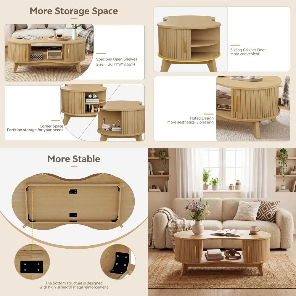 Dual Oval Coffee Table with Storage Cabinet and Sliding Door, 2-Tier Open Shelving, Modern Living Room, Natural Finish
Dual Oval Coffee Table with Storage Cabinet and Sliding Door, 2-Tier Open Shelving, Modern Living Room, Natural Finish