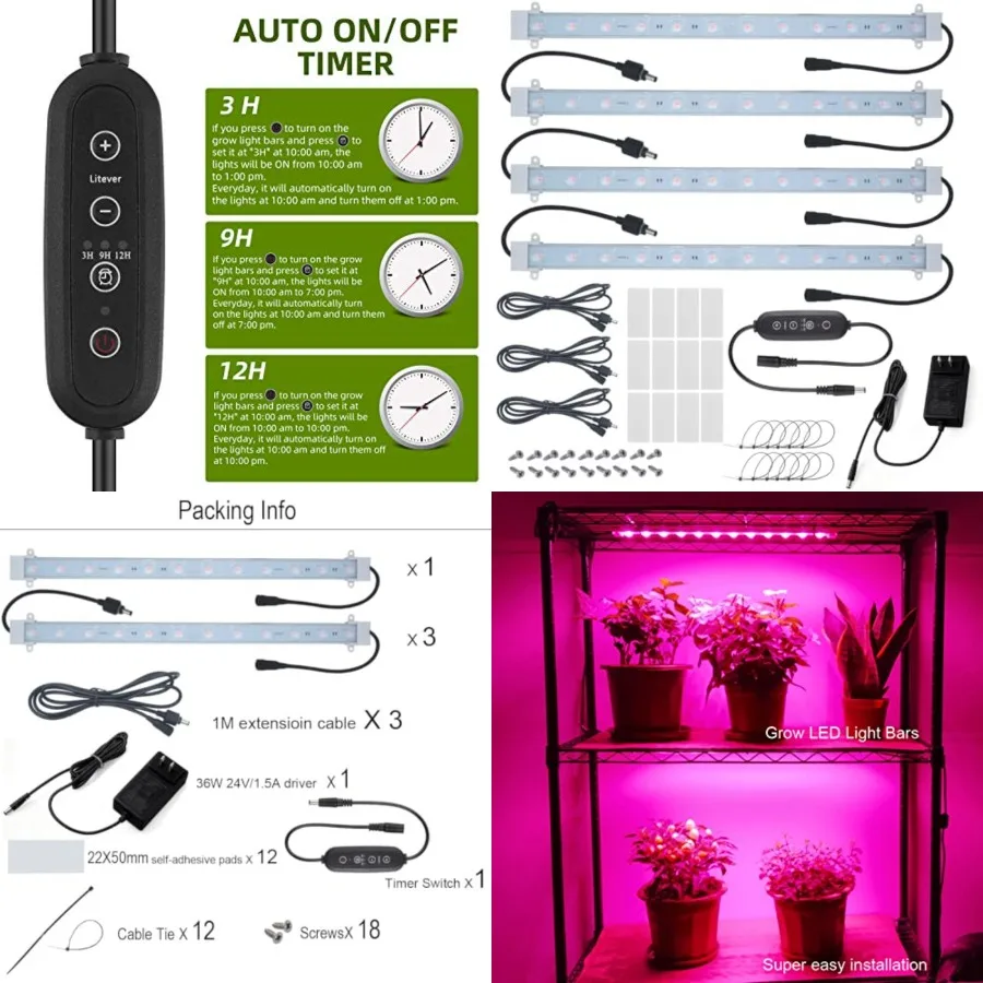 Grow Light Strip Kit 36W with Timer, 4 pcs 16 Inches LED Grow Light Strips with Extension Cables, Mounting Accessories for Gree
Grow Light Strip Kit 36W with Timer, 4 pcs 16 Inches LED Grow Light Strips with Extension Cables, Mounting Accessories for Gree