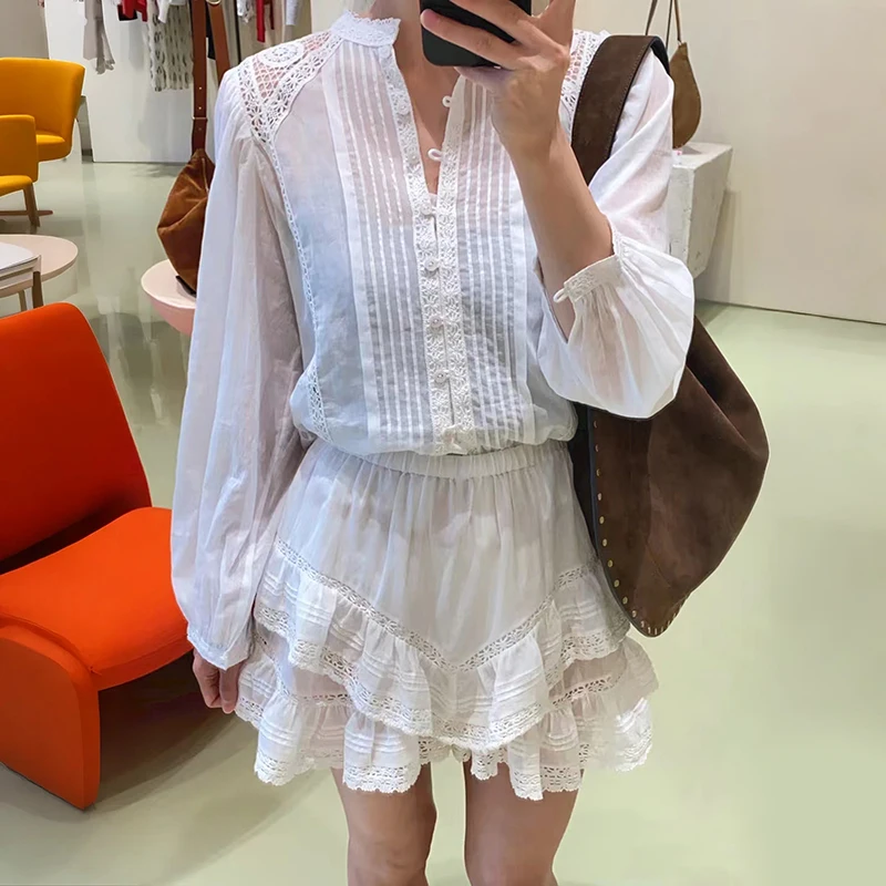 Elegant Embroidered Hollow out Lightweight Long Sleeve Loose Fit Shirt And Half Skirt Short Skirt Set for Women Autumn 2025
Elegant Embroidered Hollow out Lightweight Long Sleeve Loose Fit Shirt And Half Skirt Short Skirt Set for Women Autumn 2025