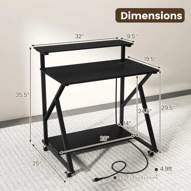 32 Inch Rolling Computer Desk for Small Spaces with Power Outlets-Black
32 Inch Rolling Computer Desk for Small Spaces with Power Outlets-Black