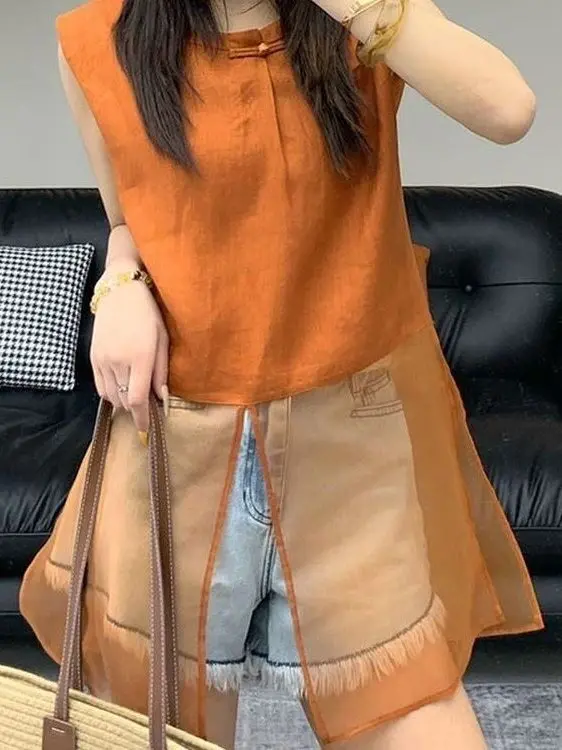 Orange round Neck Mesh Splice Sleeveless Shirt Women's Summer Design Unique Beautiful Fashionable Ages Reducing Clothing
Orange round Neck Mesh Splice Sleeveless Shirt Women's Summer Design Unique Beautiful Fashionable Ages Reducing Clothing
