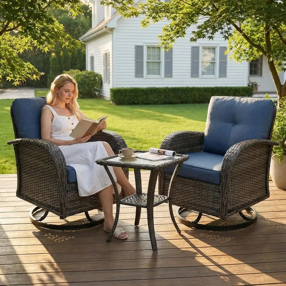 3-Piece Outdoor Patio Furniture Set with 2 Swivel Rocking Chairs and Side Table in Blue or Grey Wicker
3-Piece Outdoor Patio Furniture Set with 2 Swivel Rocking Chairs and Side Table in Blue or Grey Wicker