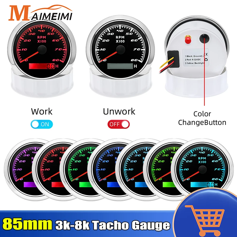 85mm Tachometer With 7 Color Backlight 3000/4000/6000/8000RPM Tacho Gauge Sensor M16 M18 for 12V Gasoline Diesel Car Boat Yacht
85mm Tachometer With 7 Color Backlight 3000/4000/6000/8000RPM Tacho Gauge Sensor M16 M18 for 12V Gasoline Diesel Car Boat Yacht