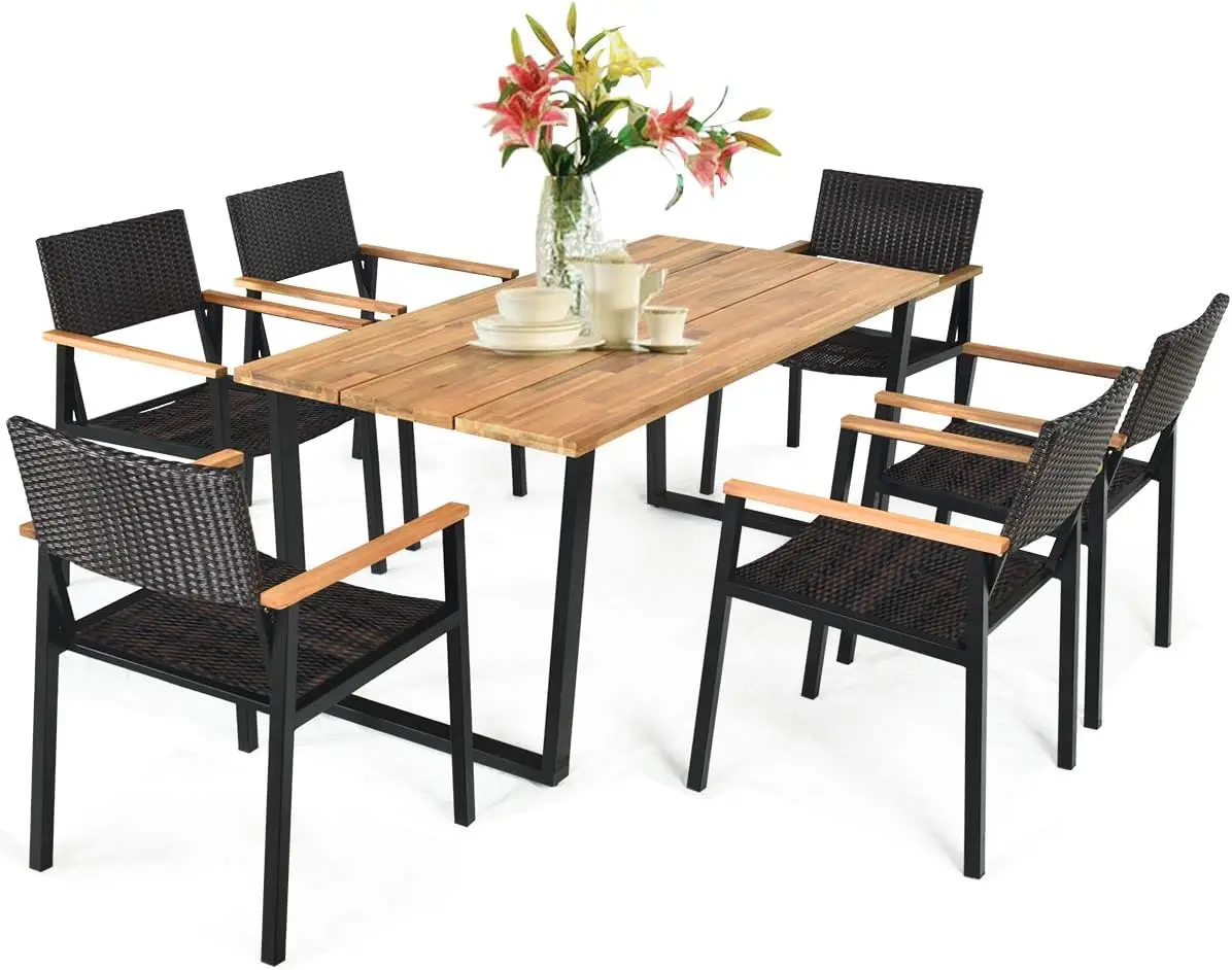 7 Pieces Outdoor Dining Set, Patented Patio Furniture Set W/Large Rectangle Acacia Wood Table Top,Rattan Chairs with Steel Frame
7 Pieces Outdoor Dining Set, Patented Patio Furniture Set W/Large Rectangle Acacia Wood Table Top,Rattan Chairs with Steel Frame