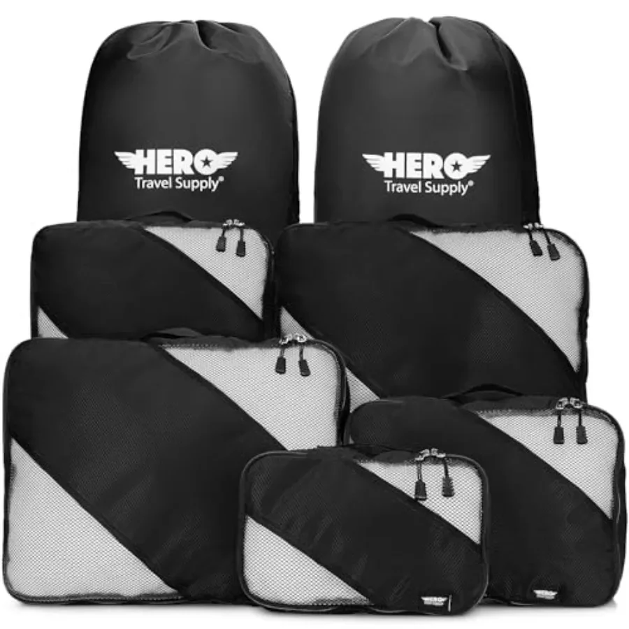 Travel packing cubes set 5 pcs with 2 laundry bags, nylon fabric, black, lightweight and compressible for carry-on, airplane, r
Travel packing cubes set 5 pcs with 2 laundry bags, nylon fabric, black, lightweight and compressible for carry-on, airplane, r