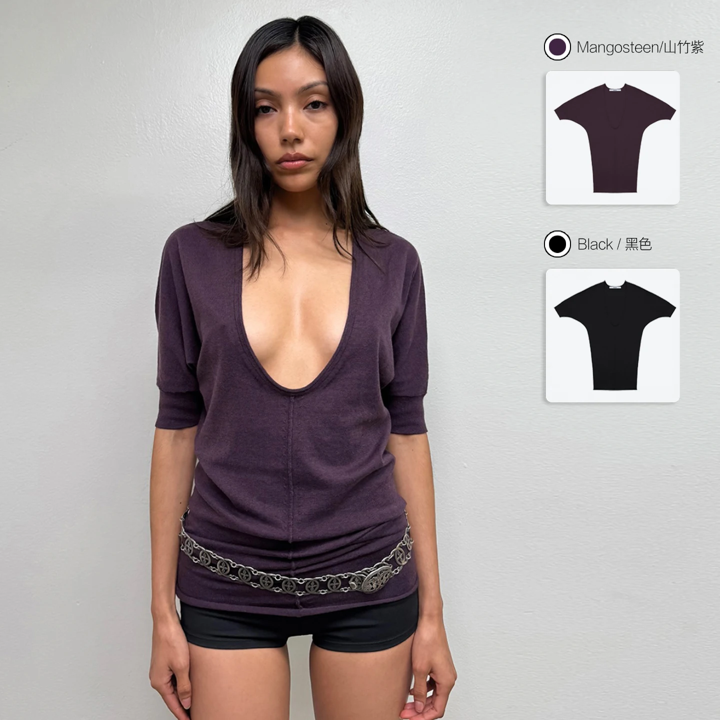 Майка фиолетово-черного цвета с глубоким V-образным вырезом, трикотажный топ можно носить спереди и сзади, со средними рукавами и длинной юбкой-футболкой.
Майка фиолетово-черного цвета с глубоким V-образным вырезом, трикотажный топ можно носить спереди и сзади, со средними рукавами и длинной юбкой-футболкой.