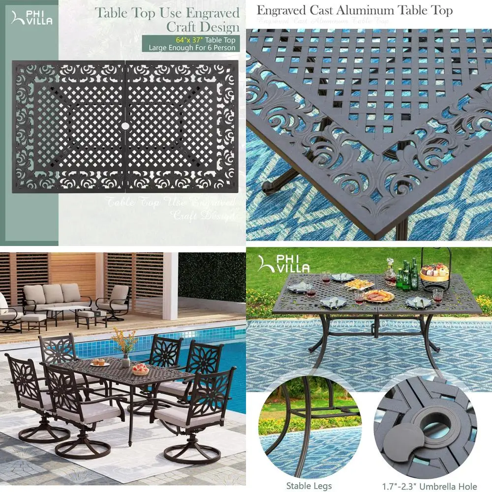 64 Outdoor Cast Aluminum Dining Table with Umbrella Hole, Weather-Resistant, Suitable for Patio, Deck, Porch, Backyard
64 Outdoor Cast Aluminum Dining Table with Umbrella Hole, Weather-Resistant, Suitable for Patio, Deck, Porch, Backyard