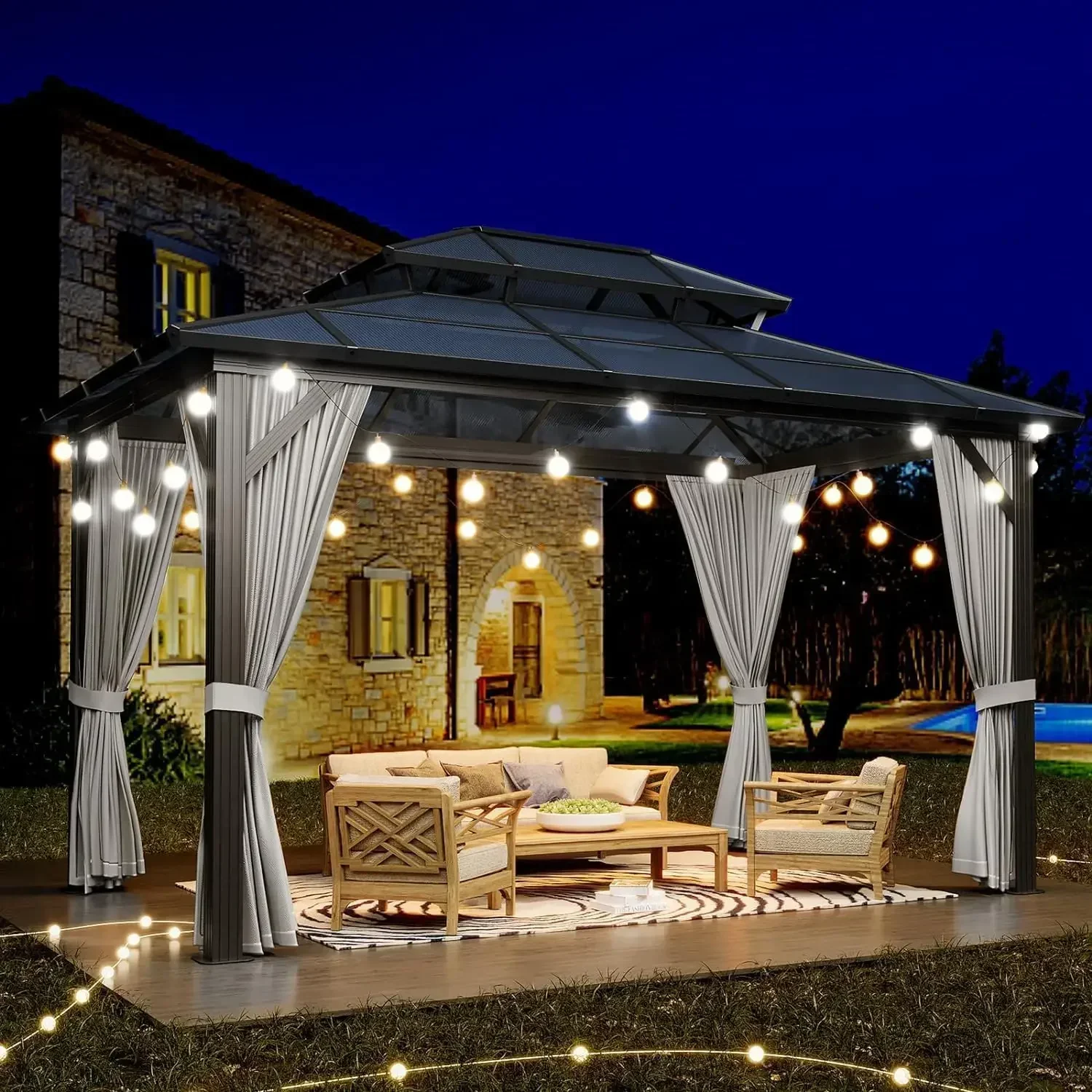 10'x13' Hardtop Gazebo, Outdoor Polycarbonate Double Roof Canopy, Aluminum Frame Permanent Pavilion with Curtains and Netting
10'x13' Hardtop Gazebo, Outdoor Polycarbonate Double Roof Canopy, Aluminum Frame Permanent Pavilion with Curtains and Netting