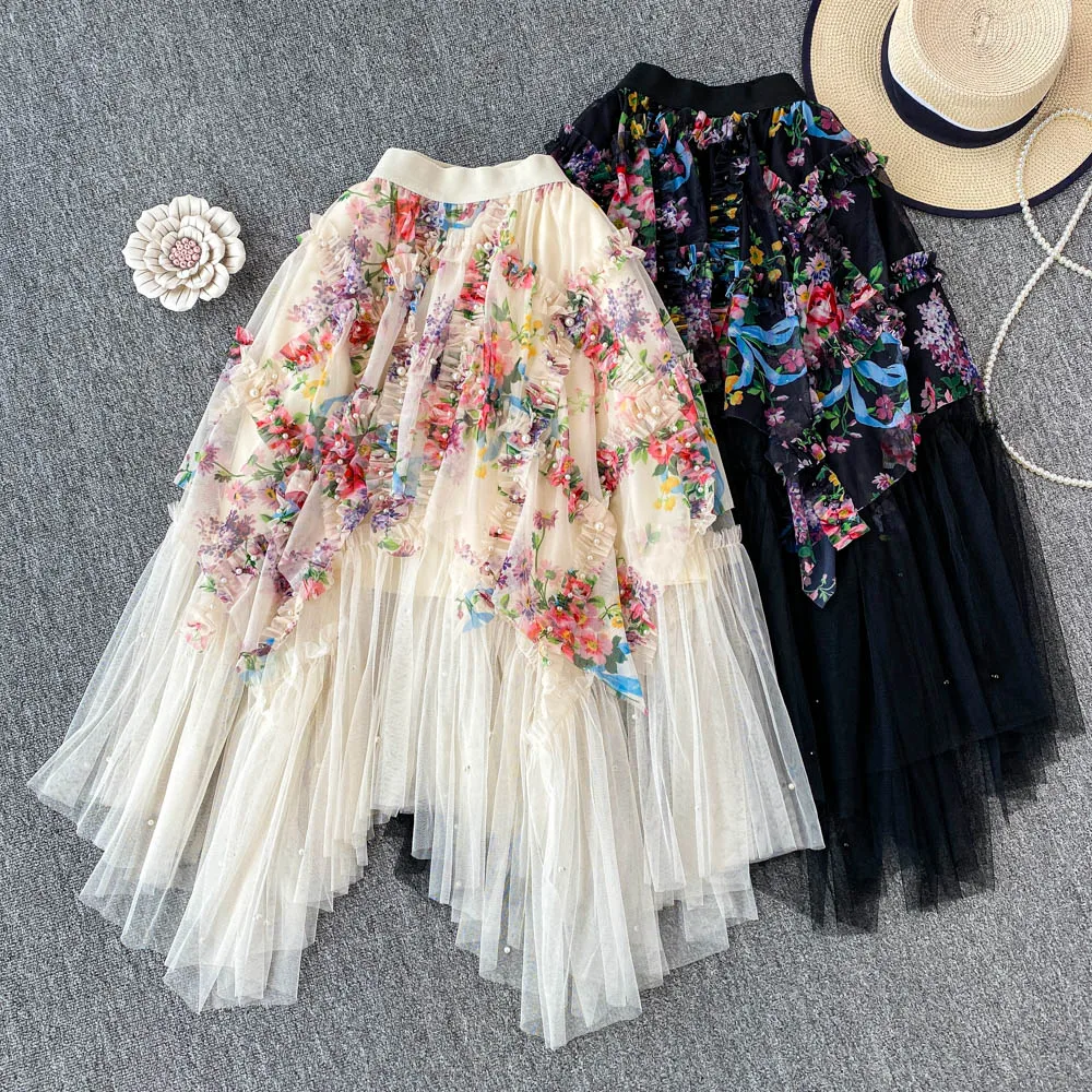 Women Pearls Beaded Midi Gauze Pleated Skirt Summer Elastic Waist Floral Printed Irregular Mesh Spliced Princess A-Line Skirt
Women Pearls Beaded Midi Gauze Pleated Skirt Summer Elastic Waist Floral Printed Irregular Mesh Spliced Princess A-Line Skirt