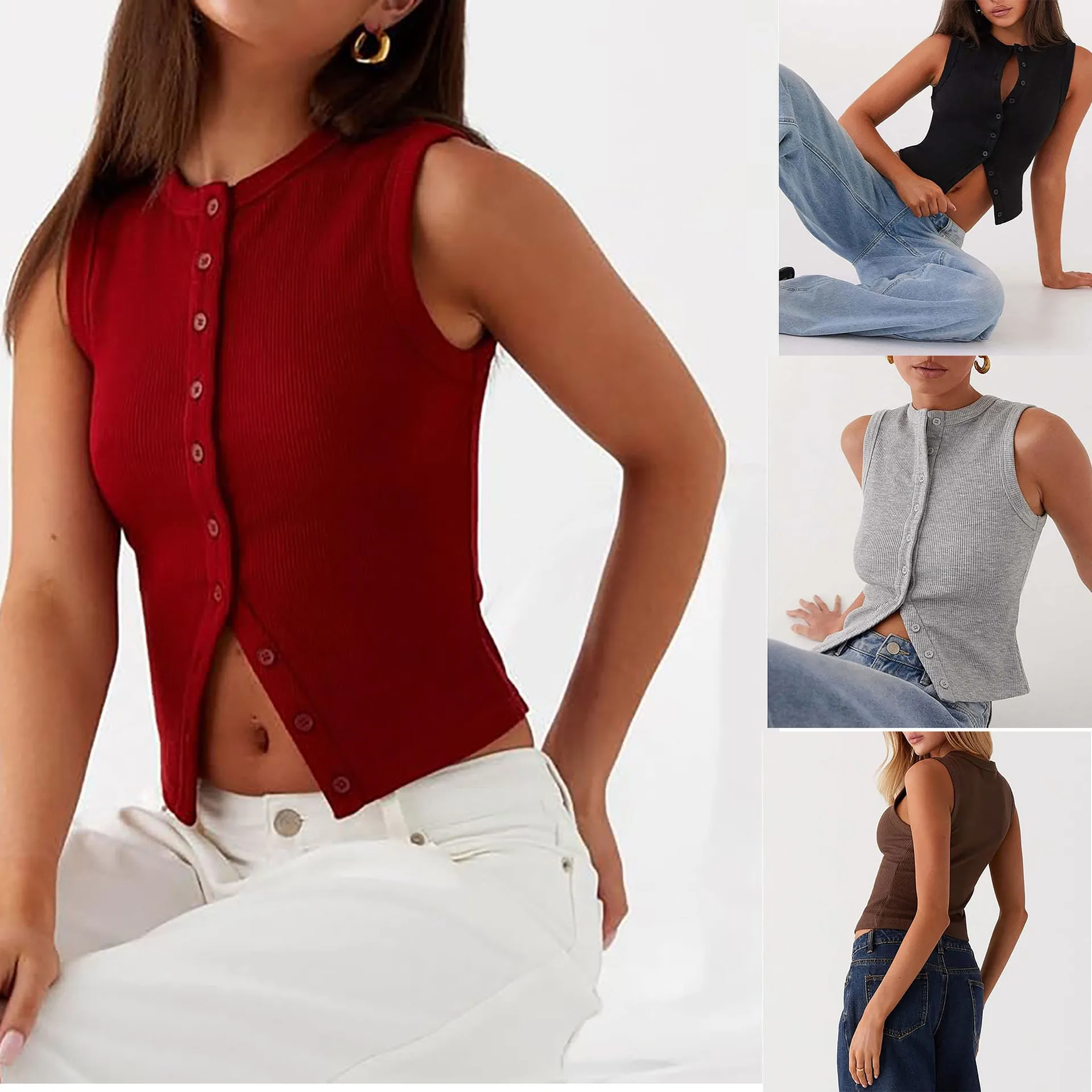 Women's Plain Button Front Ribbed Tank Top, Casual Sleeveless Round Neck Top for Daily Wear, Ladies Clothes for All Seasons
Women's Plain Button Front Ribbed Tank Top, Casual Sleeveless Round Neck Top for Daily Wear, Ladies Clothes for All Seasons