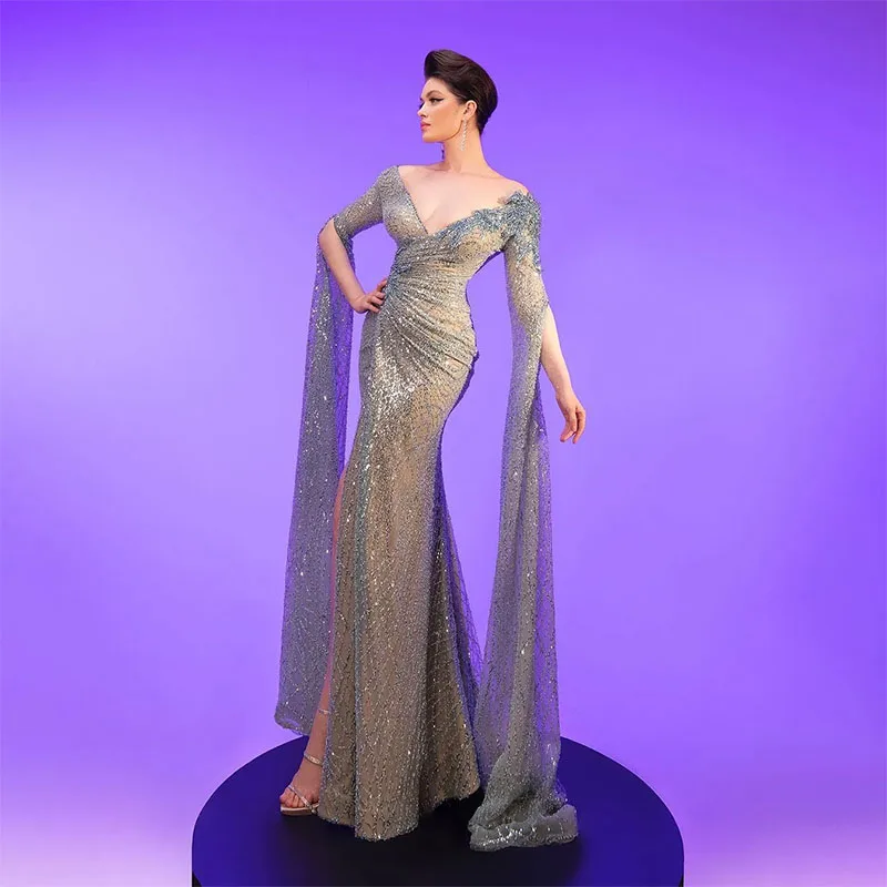 Elegant Women Evening Dresses V-Neck Long Sleeves Backless Prom Gowns Sequins Appliques Split Side Sweep Train Party Dress
Elegant Women Evening Dresses V-Neck Long Sleeves Backless Prom Gowns Sequins Appliques Split Side Sweep Train Party Dress