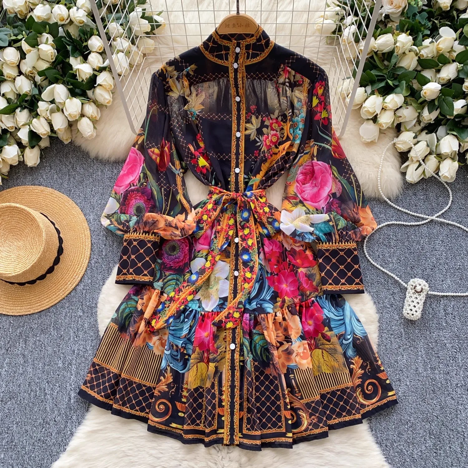 2025 Spring Summer Vintage Print Loose Dress Women's Stand Long Lantern Sleeve Single Breasted Belt Lace Up A Line Vestidos
2025 Spring Summer Vintage Print Loose Dress Women's Stand Long Lantern Sleeve Single Breasted Belt Lace Up A Line Vestidos