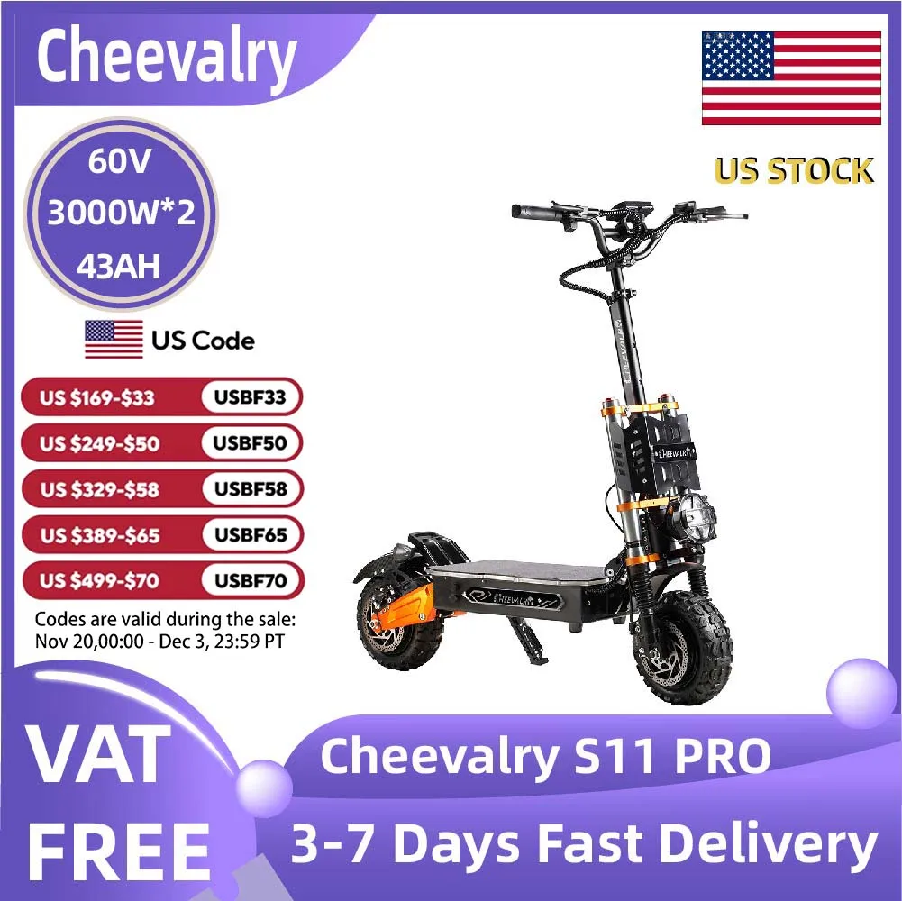 Cheevalry S11 PRO Adult Electric Scooter 3000W*2 60V 43AH Folding E-Scooter 11 Fat Tire E-Mountain Scooter
Cheevalry S11 PRO Adult Electric Scooter 3000W*2 60V 43AH Folding E-Scooter 11 Fat Tire E-Mountain Scooter