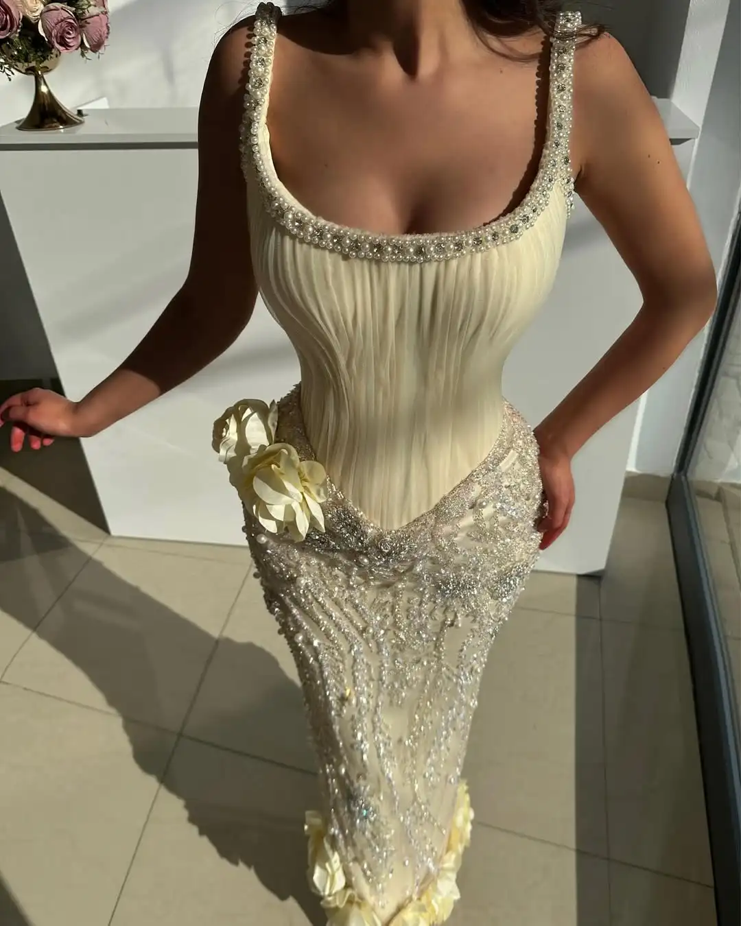 Customized Luxury Shiny Pearl Rhinestones Beaded Prom Dresses Elegant Floral Decoration Ankle-Length Trumpet Evening Gowns
Customized Luxury Shiny Pearl Rhinestones Beaded Prom Dresses Elegant Floral Decoration Ankle-Length Trumpet Evening Gowns