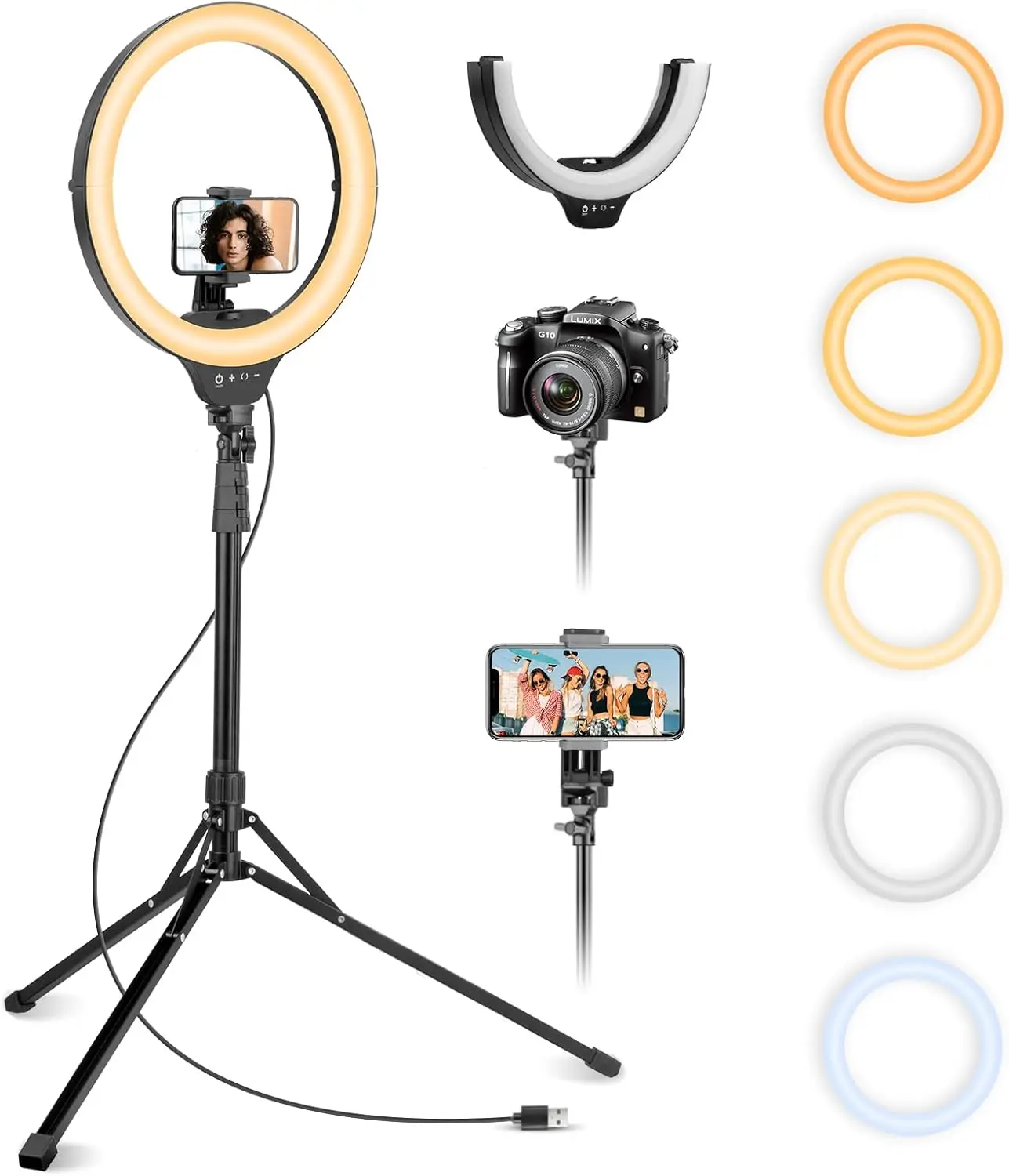 14'' Selfie Ring Light with 62'' Tripod Stand and Phone Holder, Dimmable LED Phone Ringlight for Makeup/Video Recording/
14'' Selfie Ring Light with 62'' Tripod Stand and Phone Holder, Dimmable LED Phone Ringlight for Makeup/Video Recording/