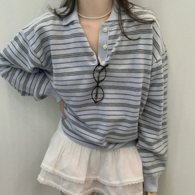 Retro Strip Knit T Shirts Women Fashion Long Sleeve Lapel Buttons Female Knitwear Sweater Spring Cute Casual Loose Lady Tops New
Retro Strip Knit T Shirts Women Fashion Long Sleeve Lapel Buttons Female Knitwear Sweater Spring Cute Casual Loose Lady Tops New