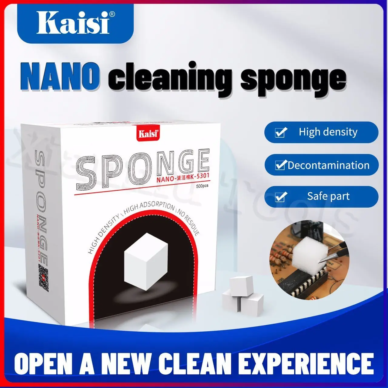 KAISI K-5301 Нано-чистящая губка для экрана мобильного телефона/камеры/печатной платы, пайки, сварочного флюса, очистка масла, без флока и остатков
KAISI K-5301 Нано-чистящая губка для экрана мобильного телефона/камеры/печатной платы, пайки, сварочного флюса, очистка масла, без флока и остатков