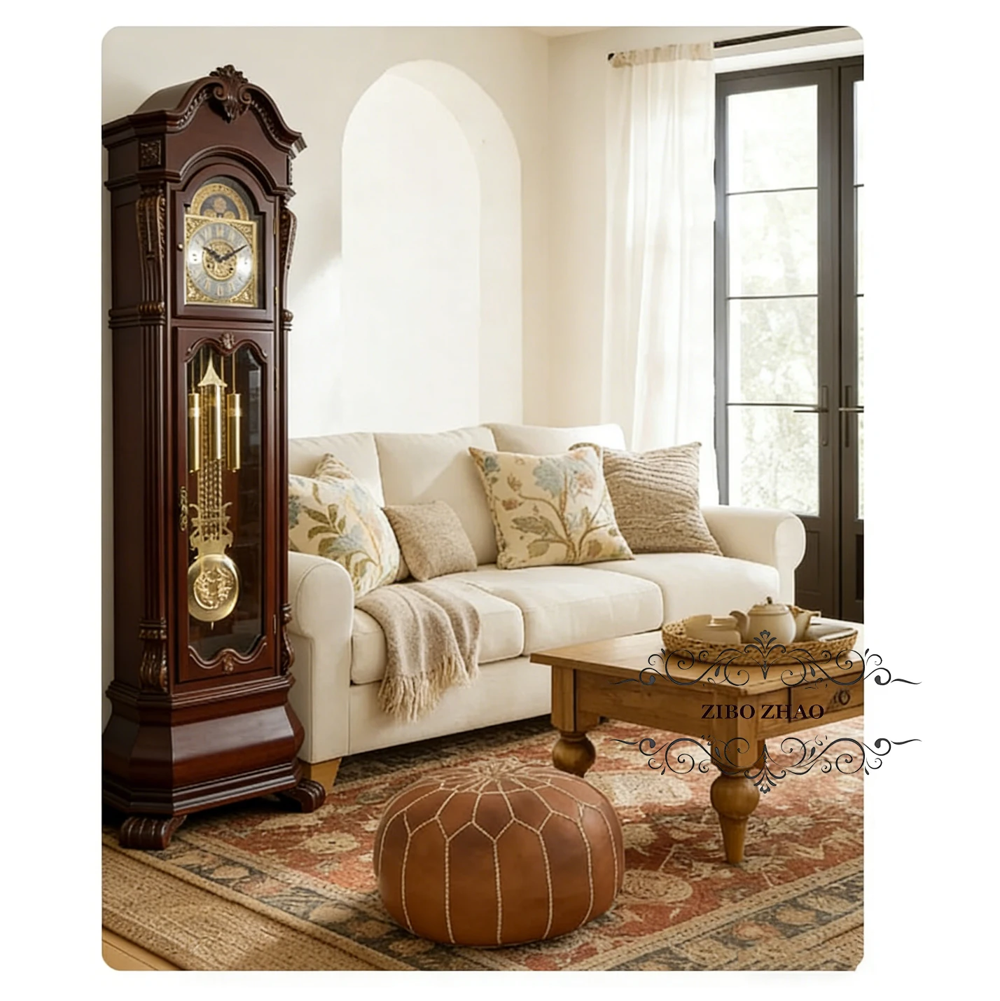 Anniversary Antique Style Mechanical Floor Clock Bookmatched Olive Ash Burl Pediment Raised Shell Vine Overlay Moonphase Night
Anniversary Antique Style Mechanical Floor Clock Bookmatched Olive Ash Burl Pediment Raised Shell Vine Overlay Moonphase Night