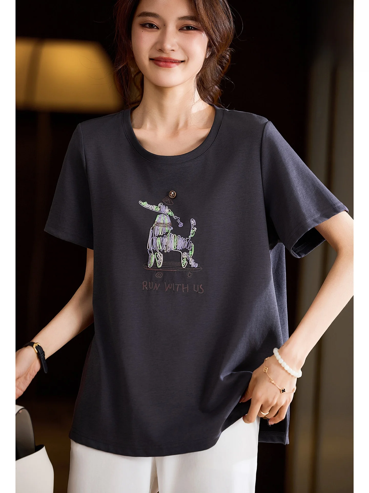 Loose Fit Short Sleeve T-Shirt Women's Street Style Casual Cotton Nylon Blend Breathable Comfortable Embroidered Printed Top
Loose Fit Short Sleeve T-Shirt Women's Street Style Casual Cotton Nylon Blend Breathable Comfortable Embroidered Printed Top
